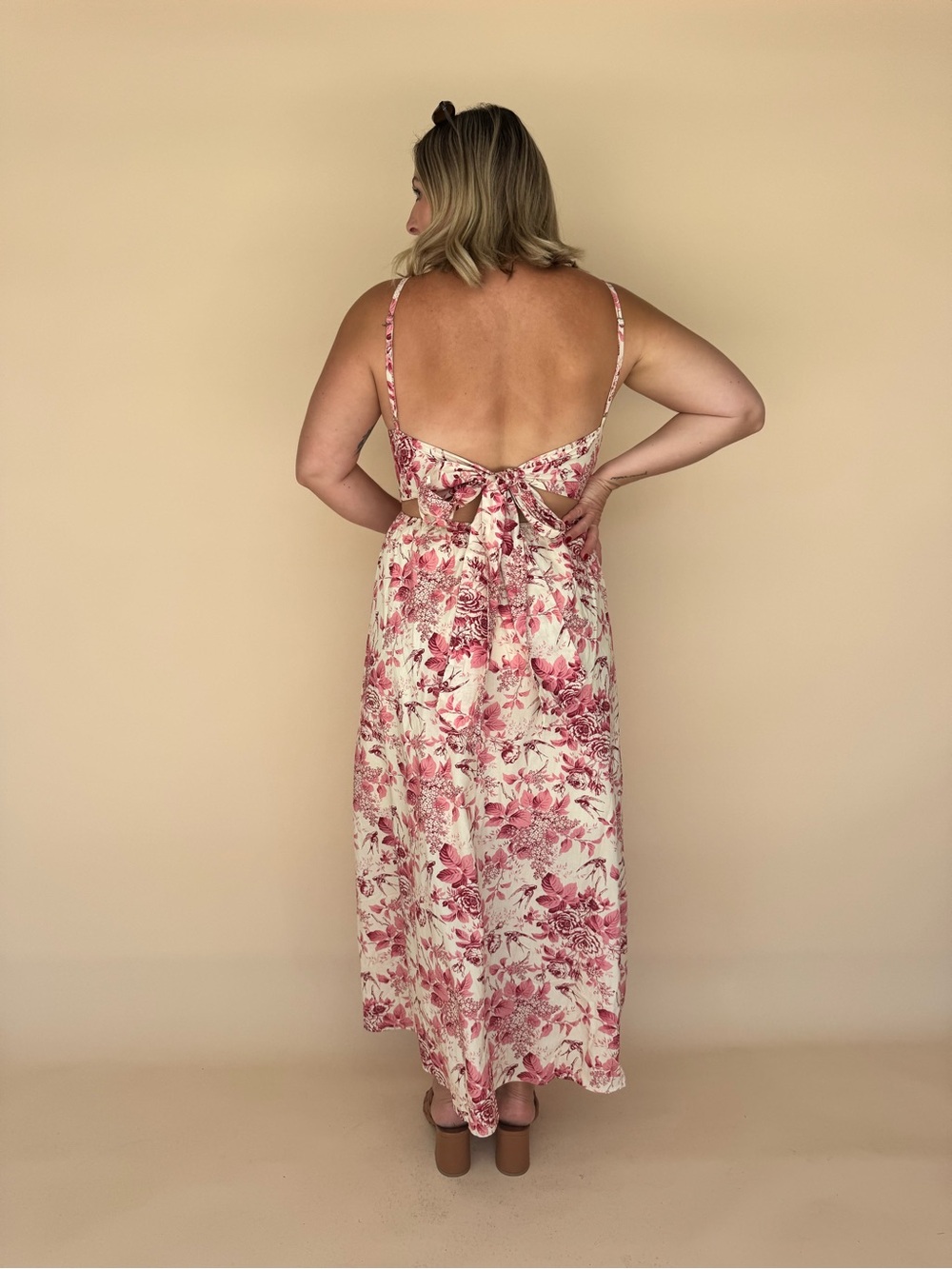 Cream Maxi Dress with Pink Floral Print and Spaghetti Straps - Picture 2 of 4